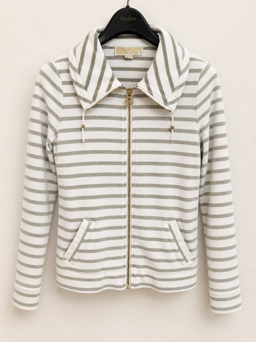Michael Kors Striped Zip Up Hoodie Jacket White Gray Size Small